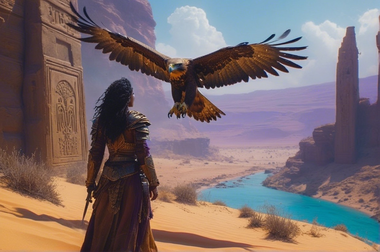 Lone Figure in Desert with Eagle and Ancient Structures