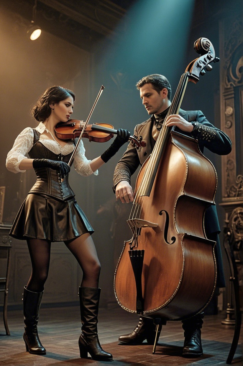 Female Violinist and Male Bassist Perform in Vintage Setting