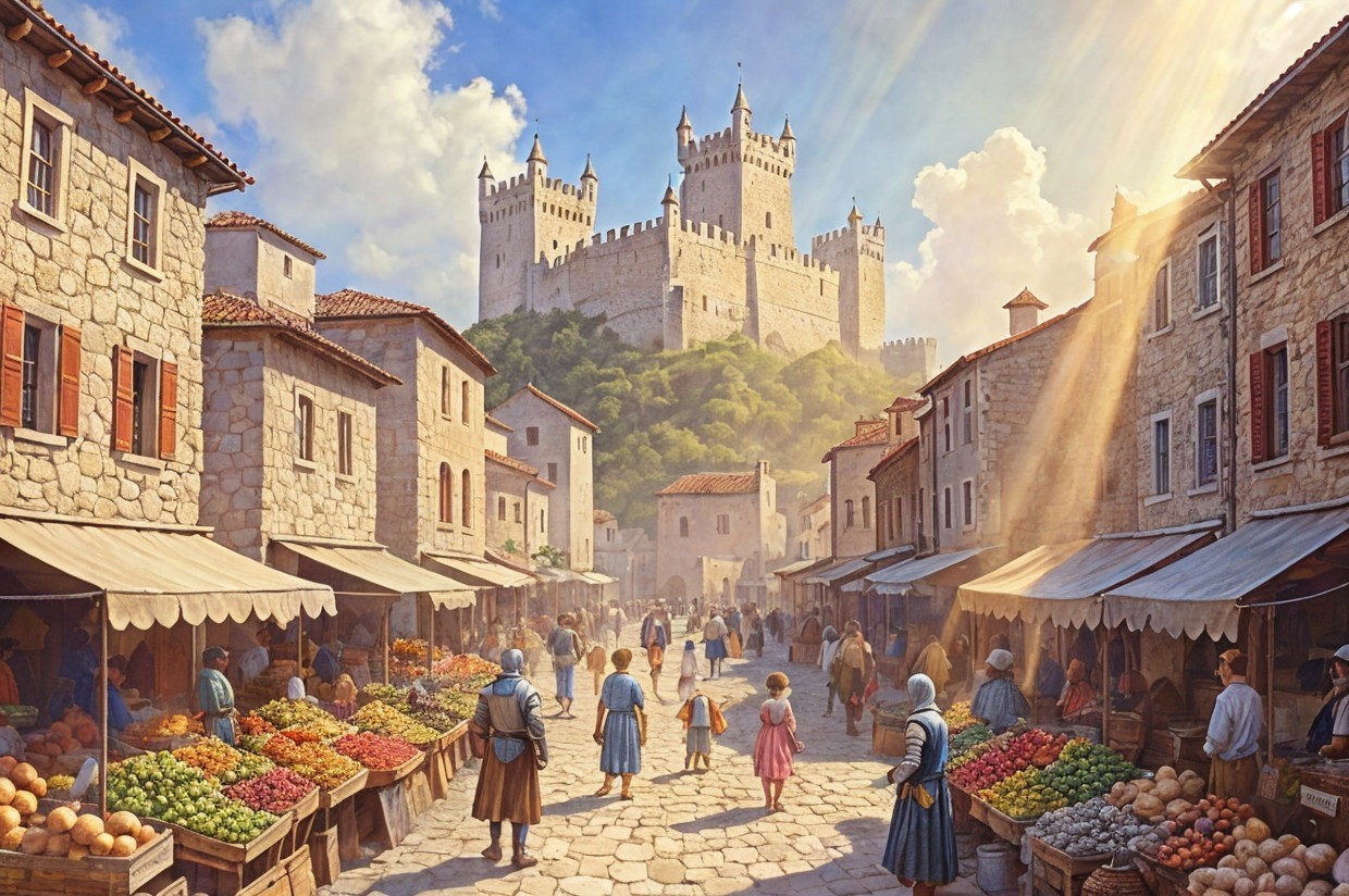 Medieval Marketplace with Fresh Produce and Community Life