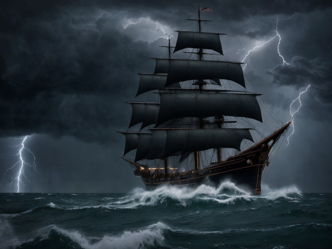 Tall Ship Navigates Stormy Seas with Black Sails