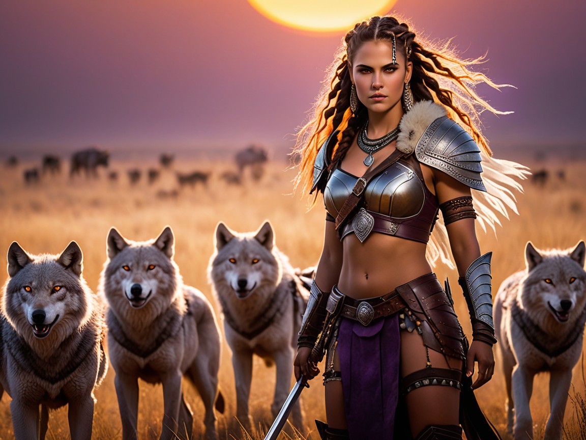 Warrior in Armor with Wolves in Golden Landscape