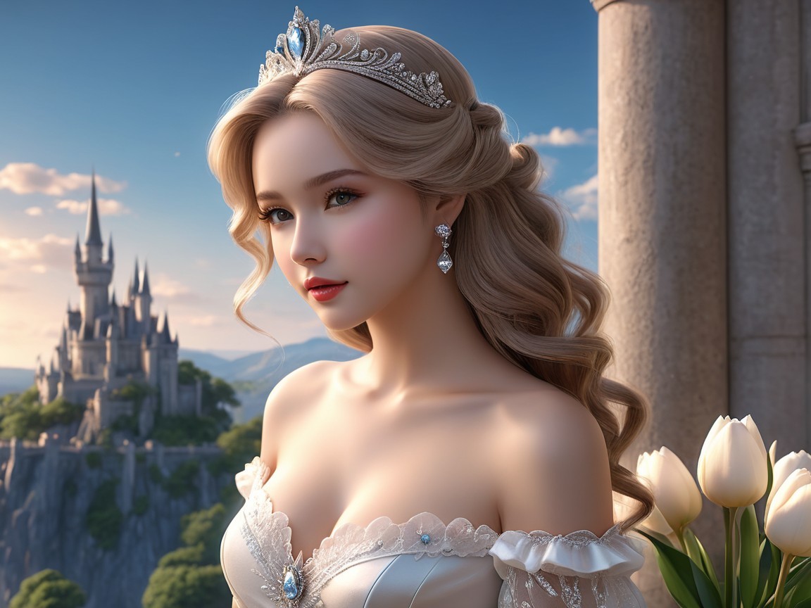 Princess in Sunlit Castle Balcony with Elegant Gown
