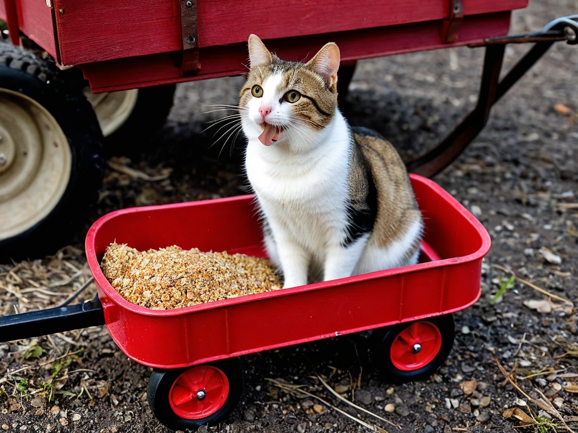 Playful Cat in Red Wagon Surrounded by Food