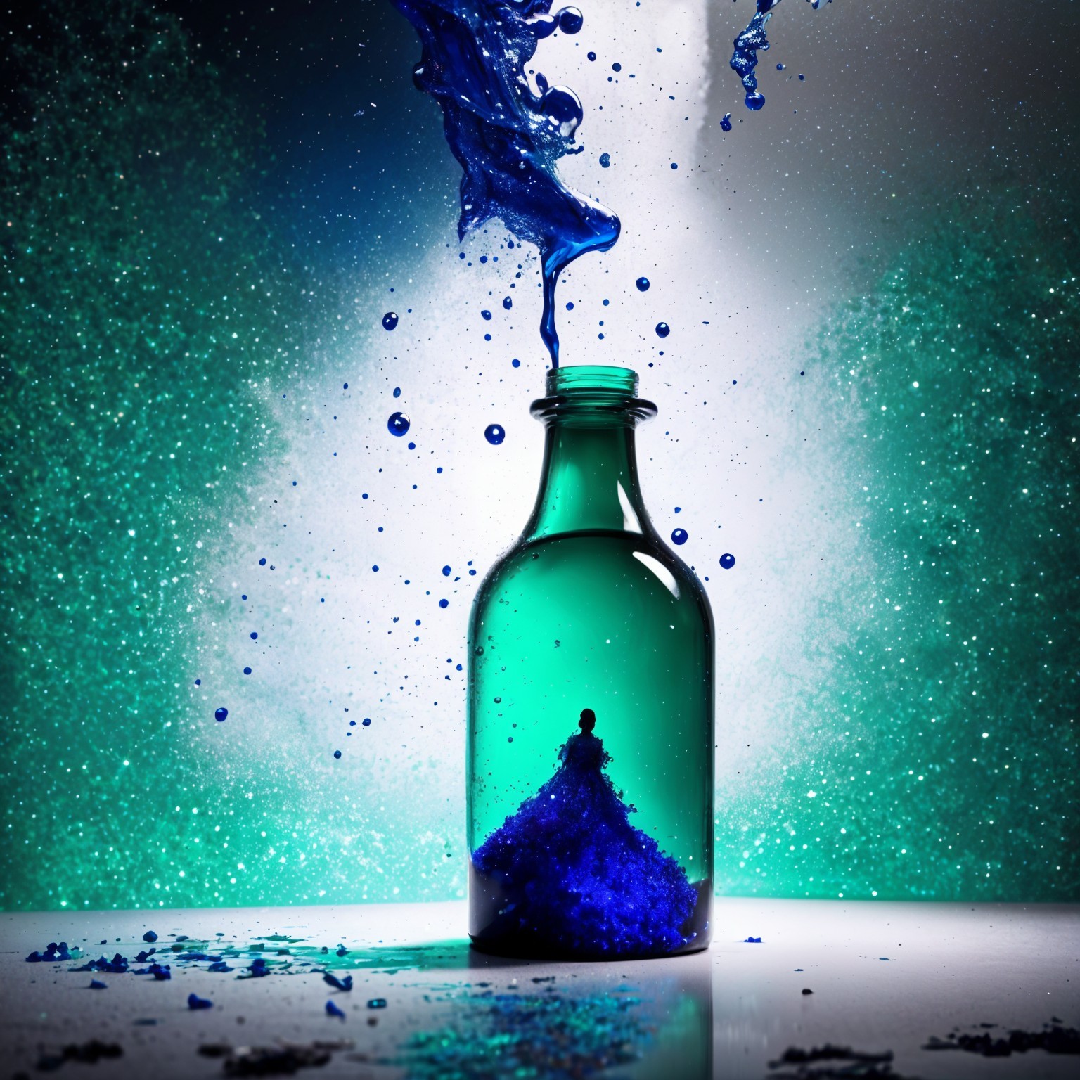 Glass Bottle with Blue Crystals and Liquid Splashes
