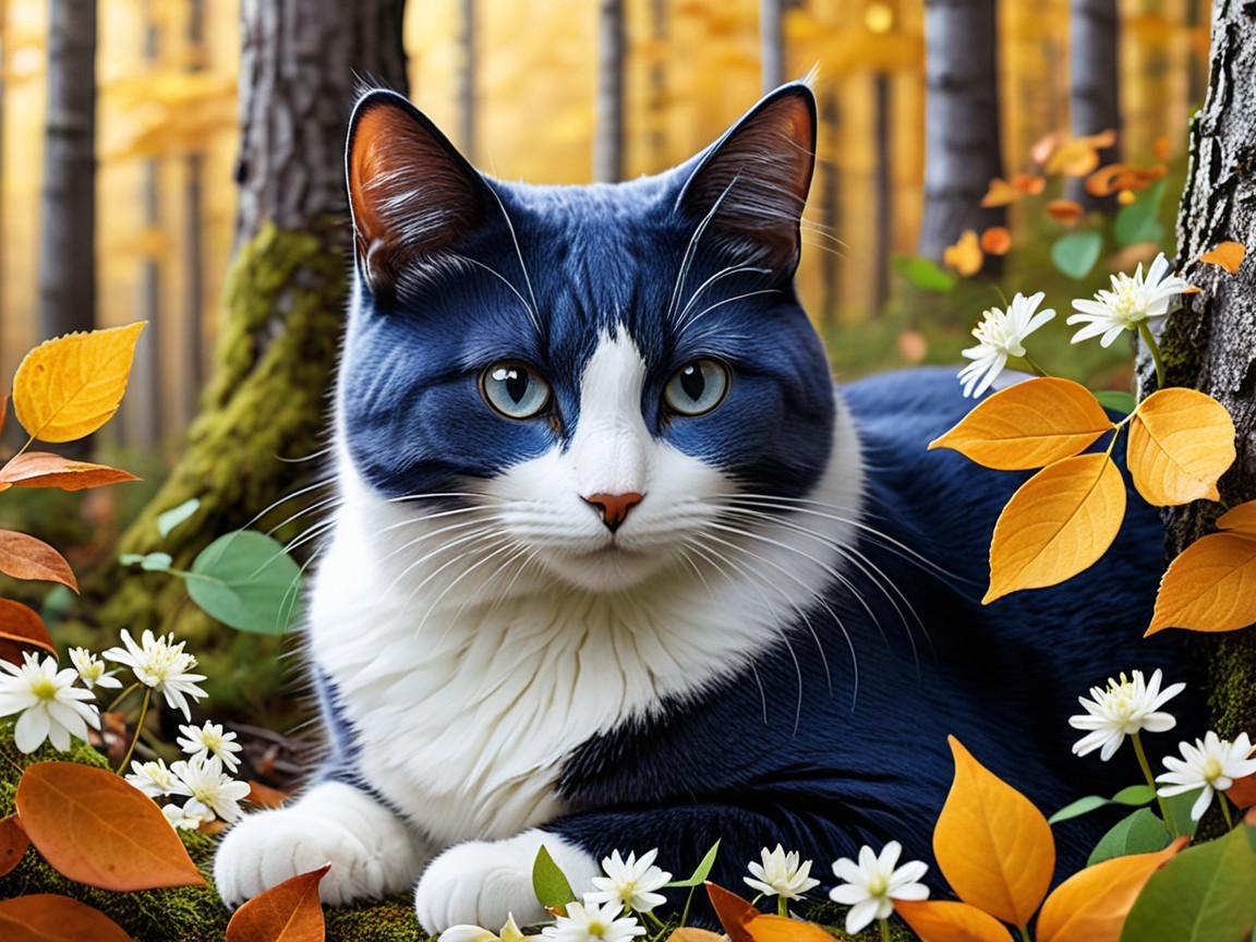 Blue and white cat in autumn foliage and flowers