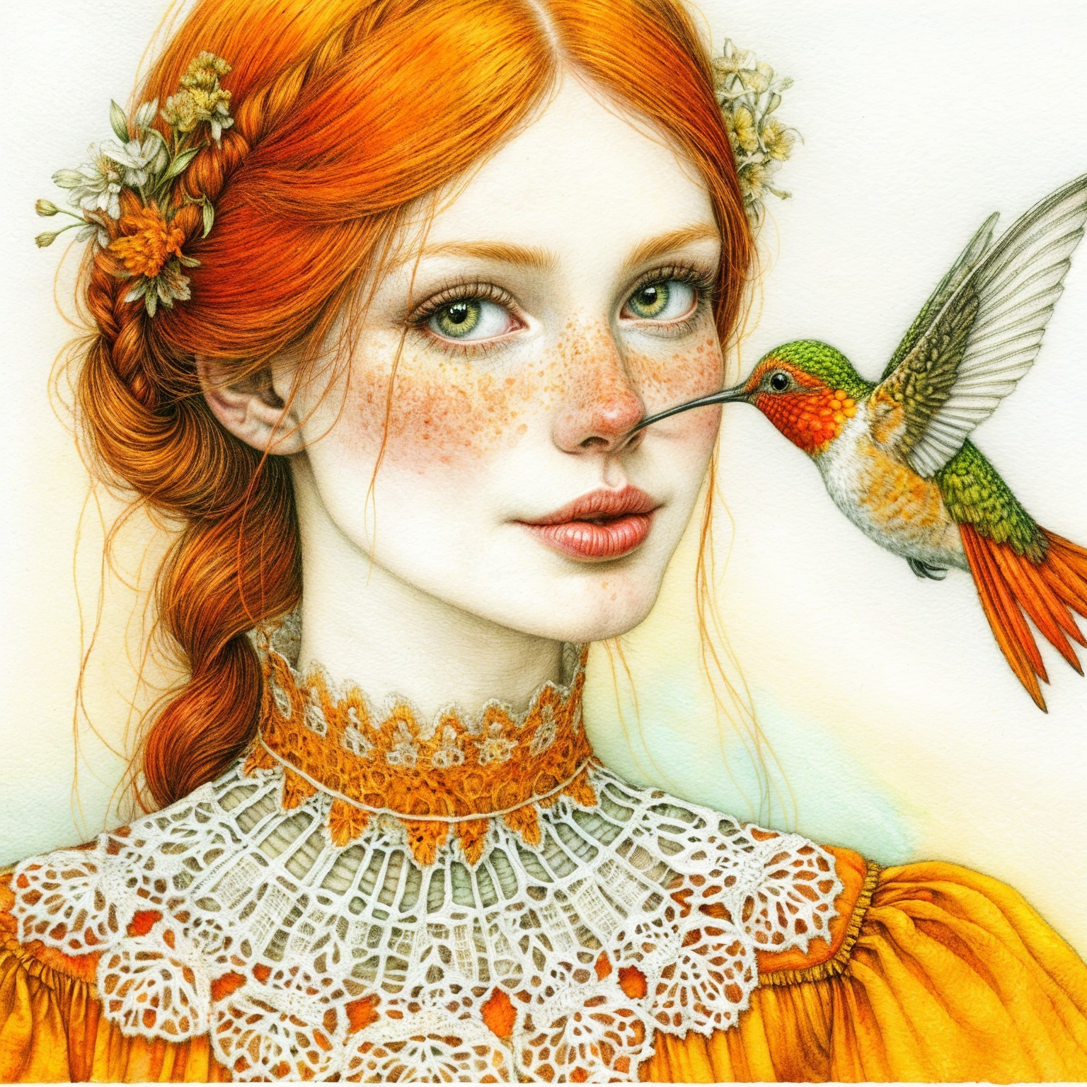 Young Woman with Red Hair and Hummingbird Interaction