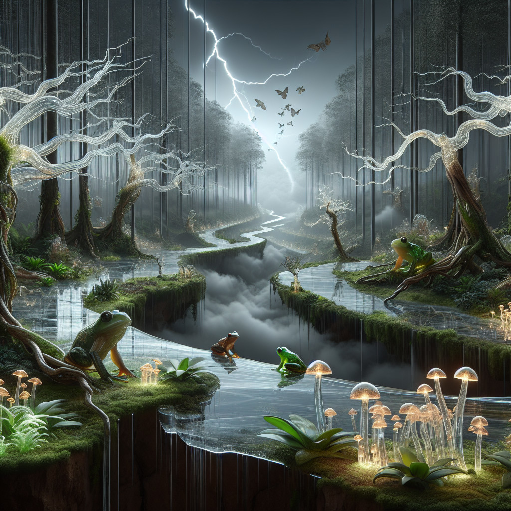 Surreal Forest Scene with Luminous Trees and River