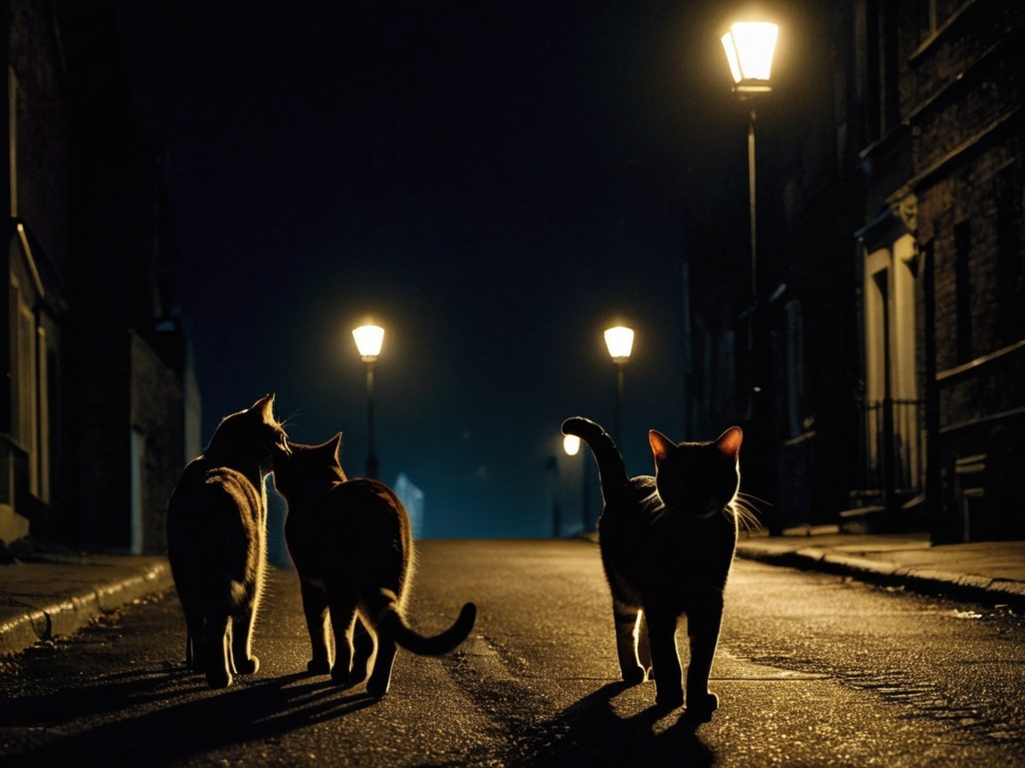 Cats Walking on a Dark Street Under Street Lamps