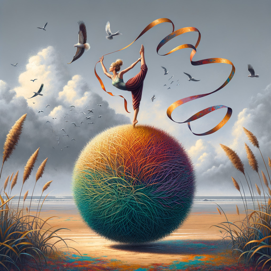 Dancer on Colorful Sphere with Ribbons and Birds
