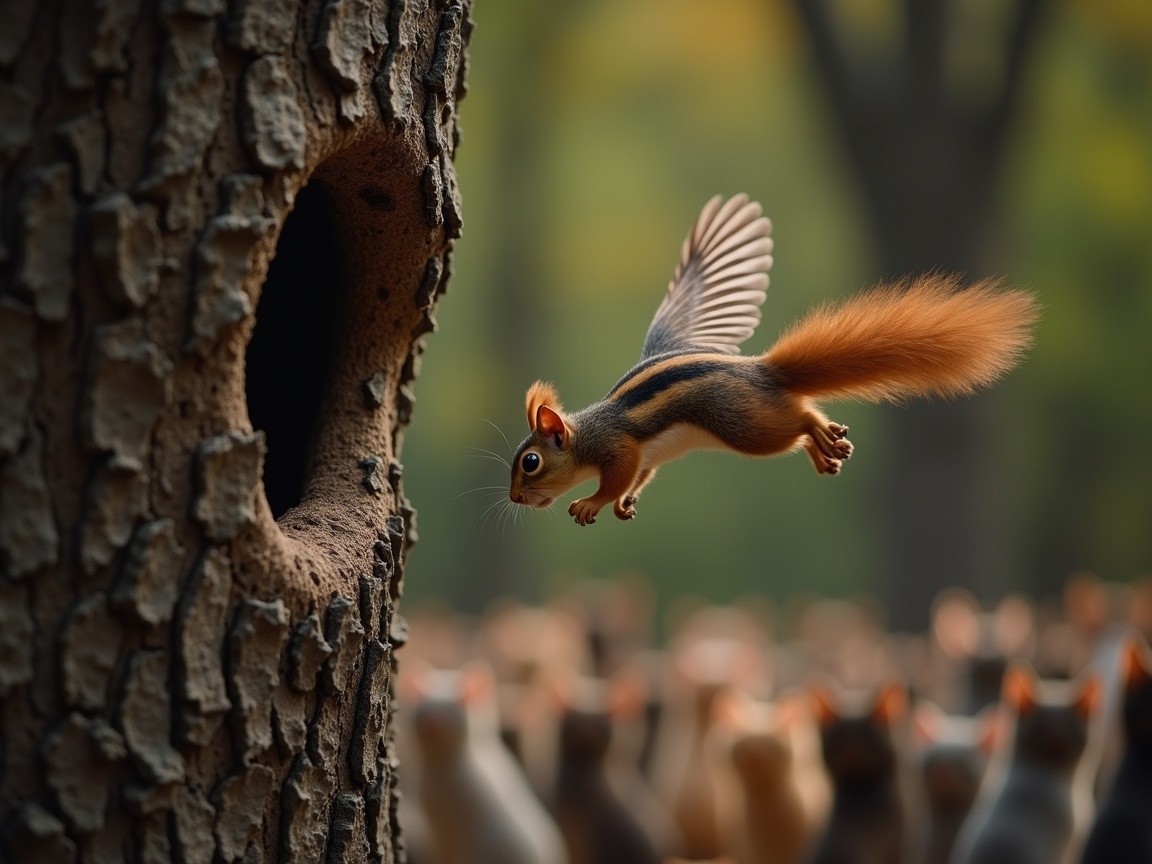 Squirrel Leaping Towards Tree Hollow in Forest Scene