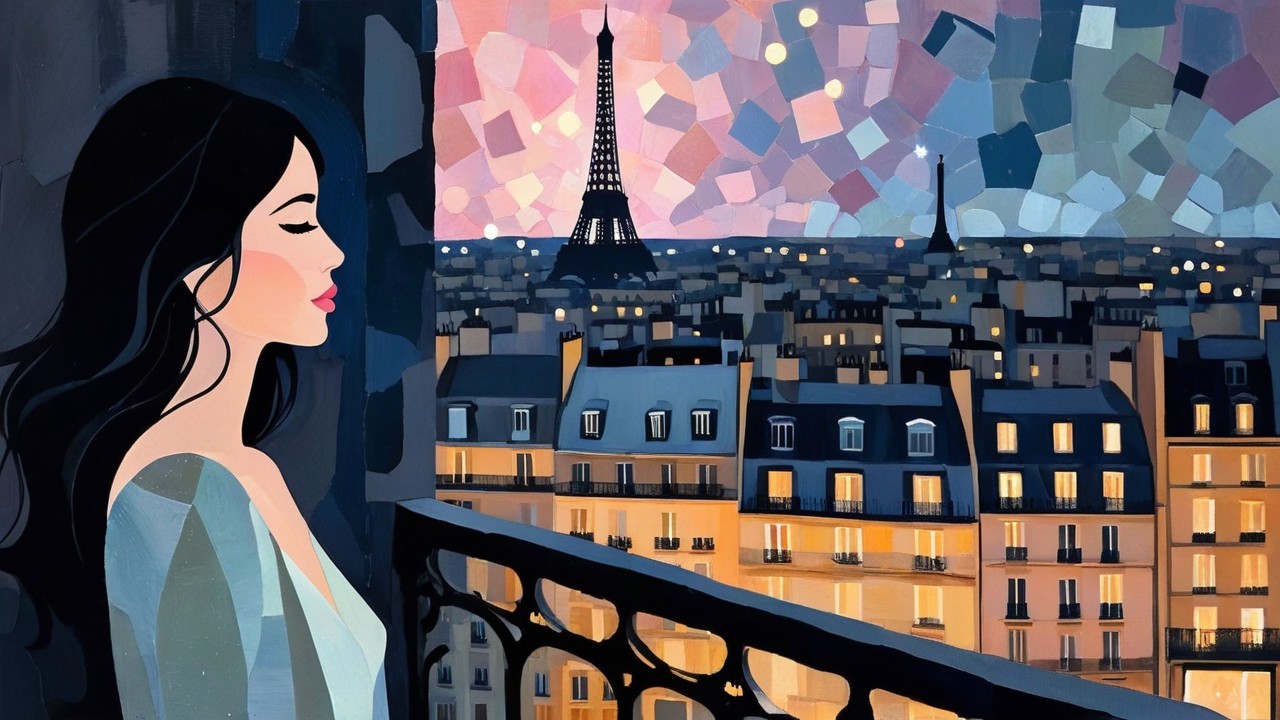 Woman on Balcony Overlooking Paris at Dusk
