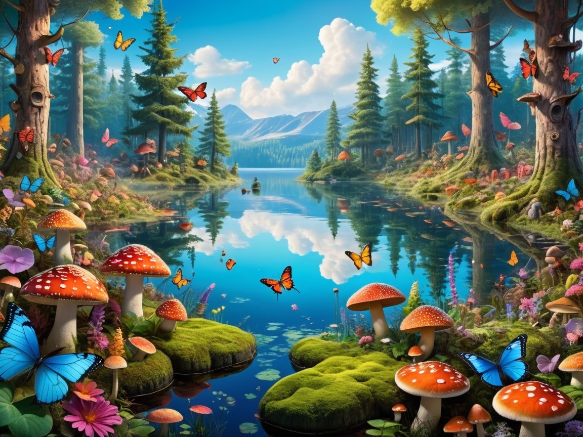 Serene forest landscape with tranquil lake and flora
