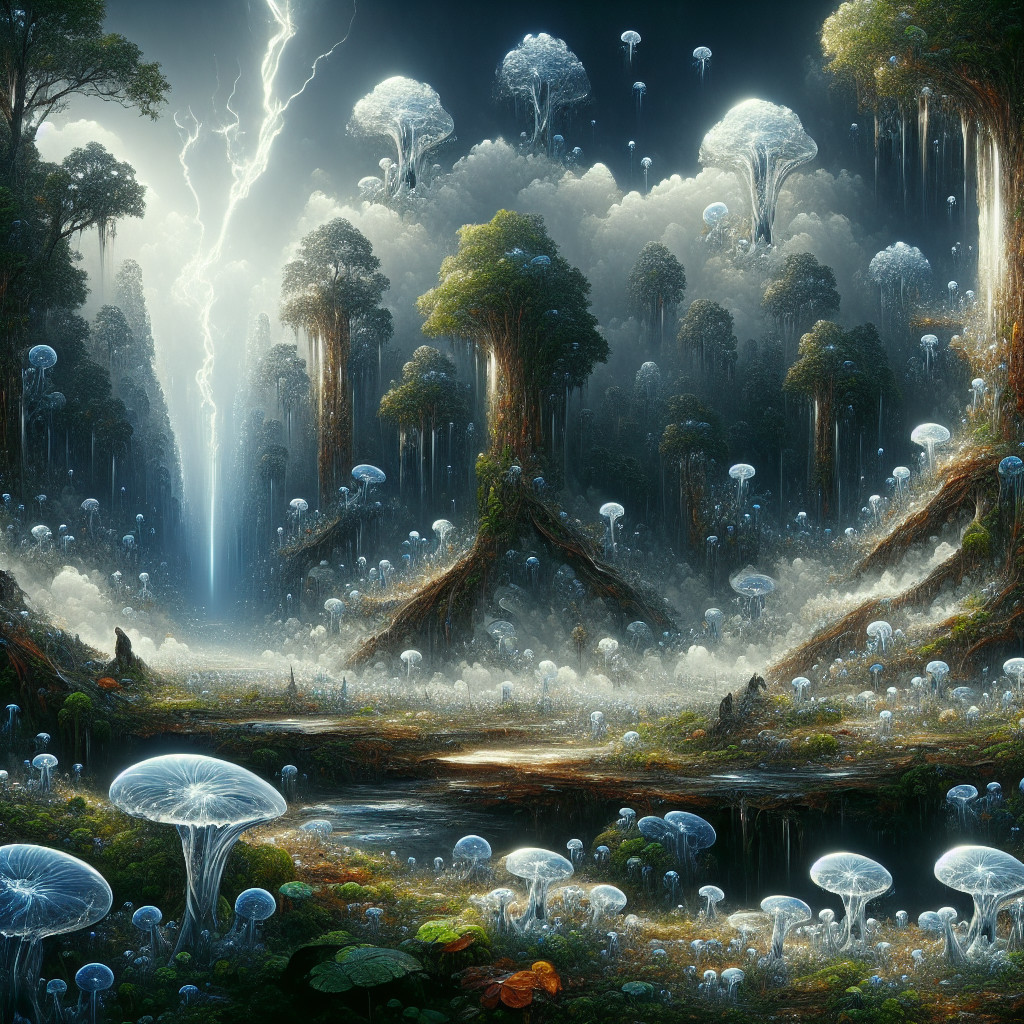 Surreal landscape with luminous trees and jellyfish
