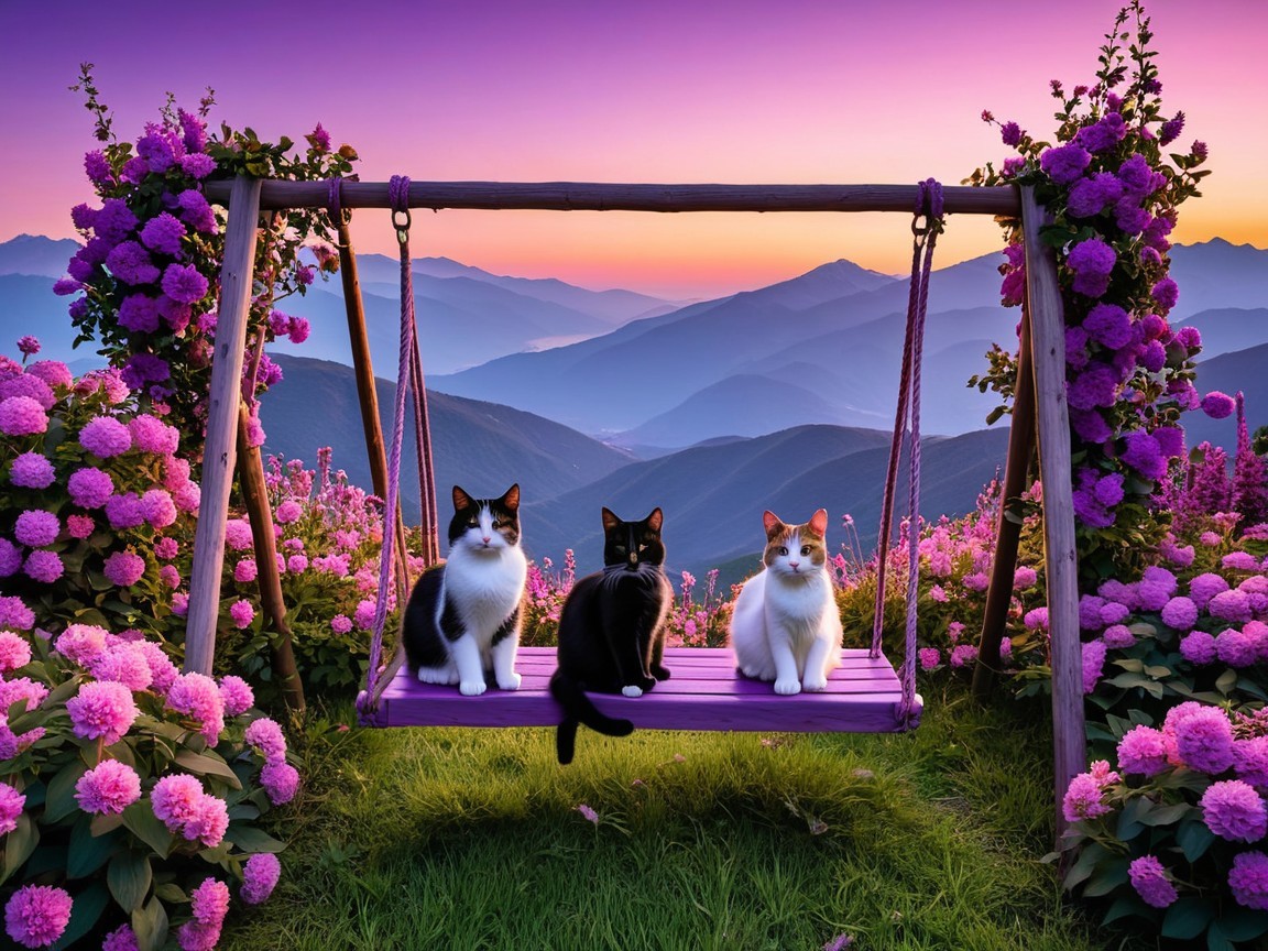 Three Cats on a Purple Swing at Sunset
