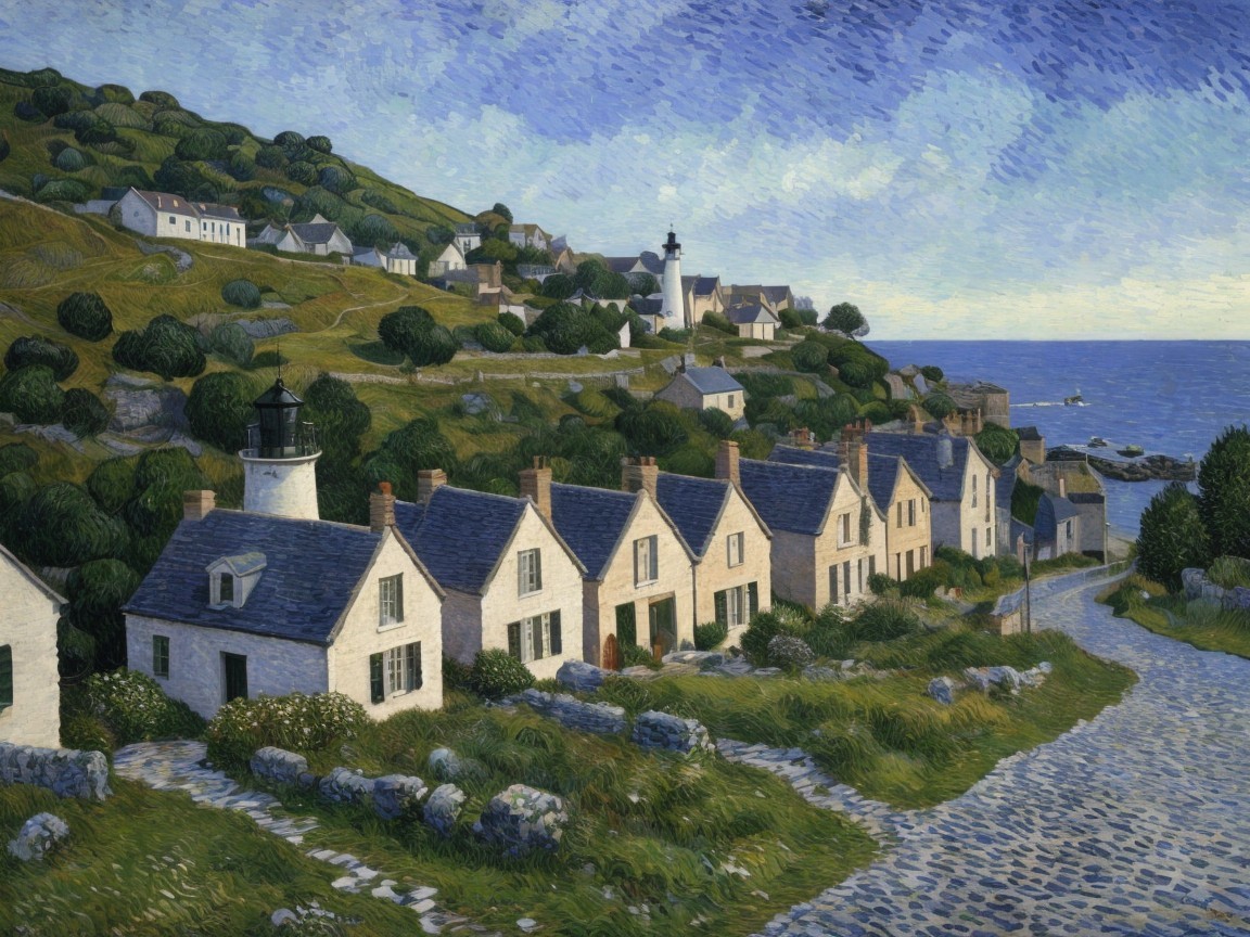 Coastal Village with Cottages and Lighthouse Scene