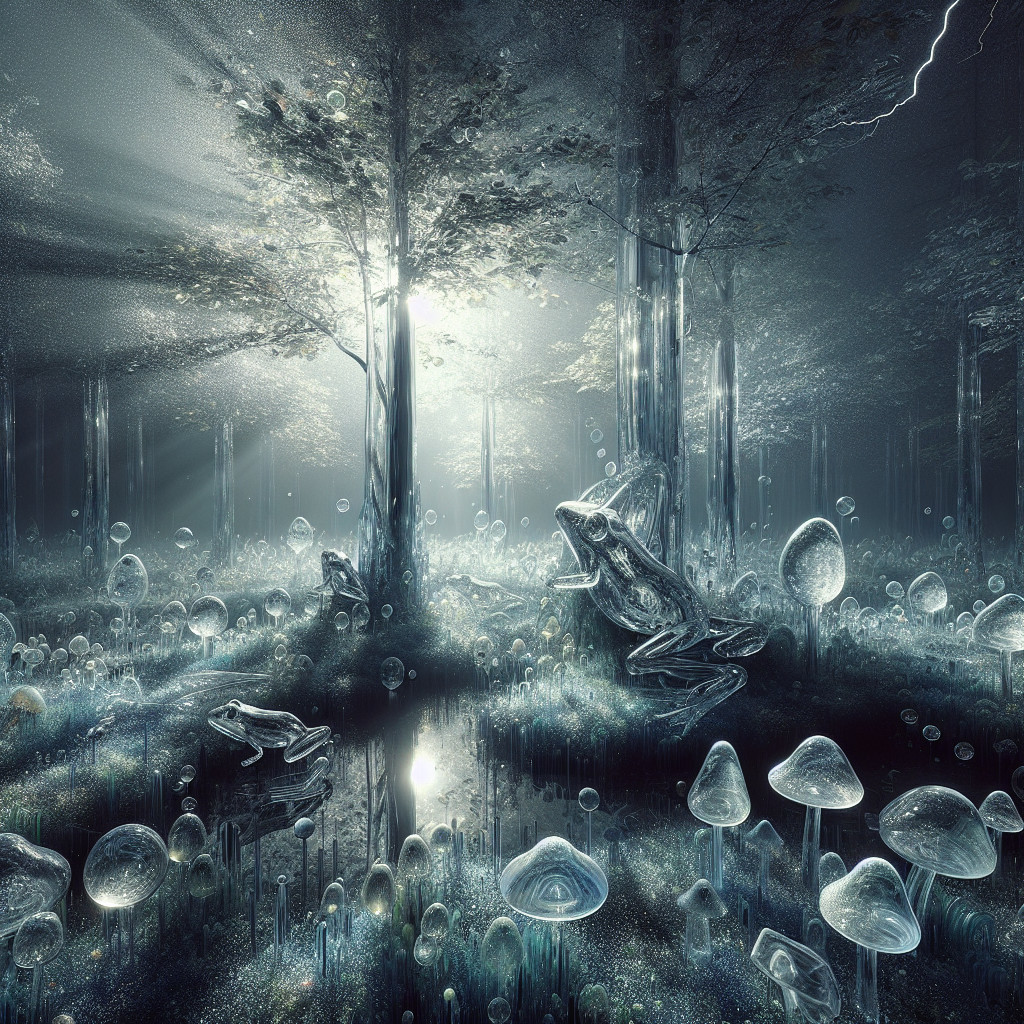 Mystical forest with luminescent mushrooms and frogs