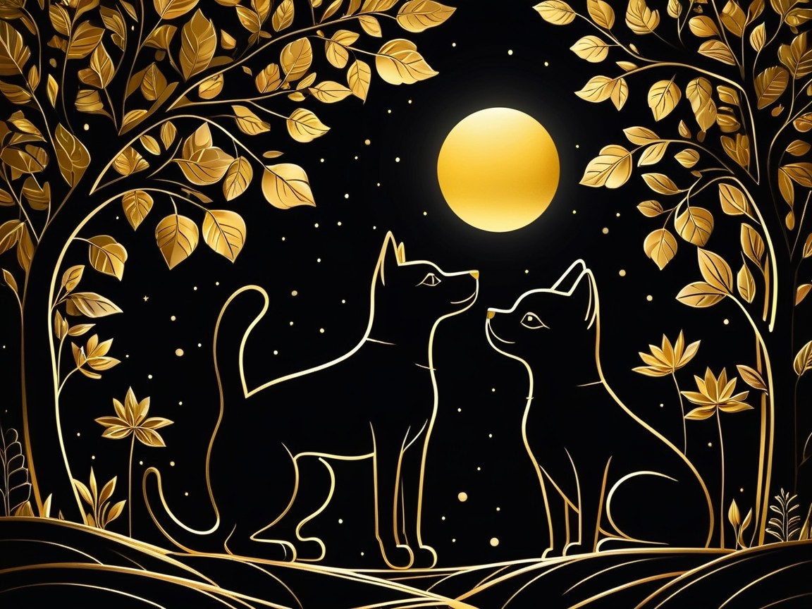Cats Silhouettes Under a Golden Moon and Stars