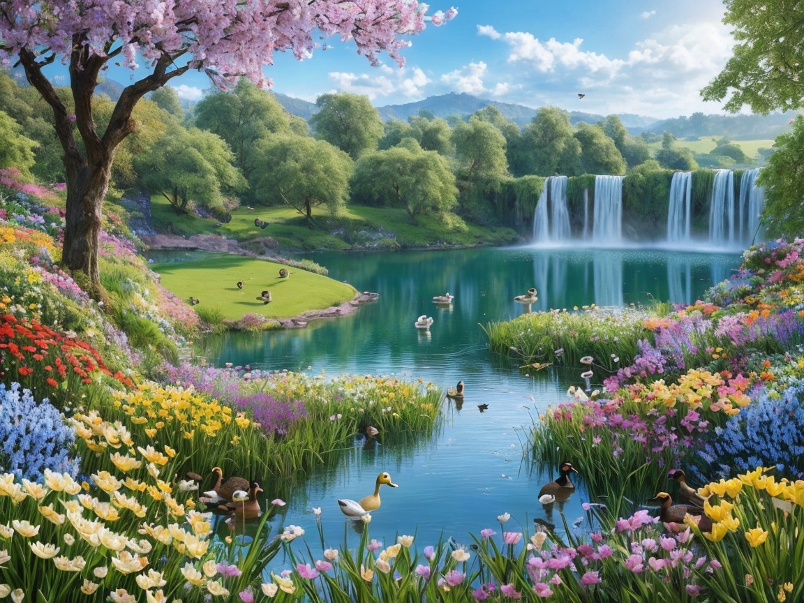 Vibrant Flower Landscape with Tranquil Lake and Ducks