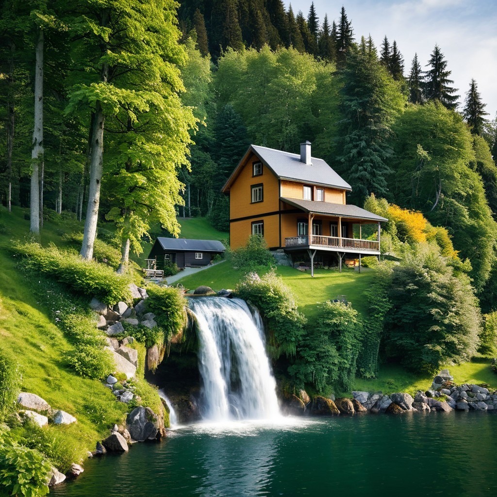 Charming Orange House by Tranquil Lake and Waterfall