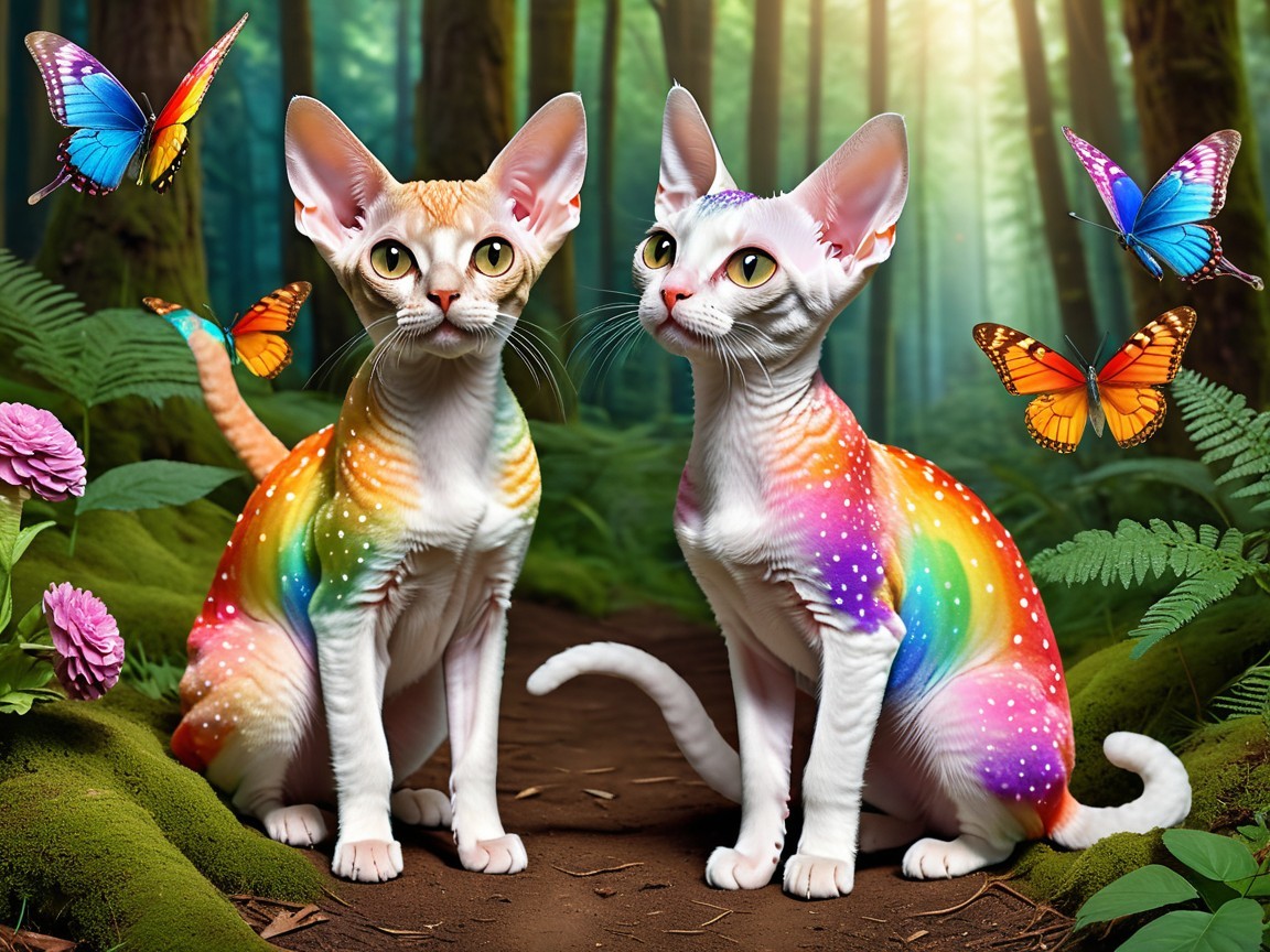 Whimsical Cats in a Colorful Forest Setting