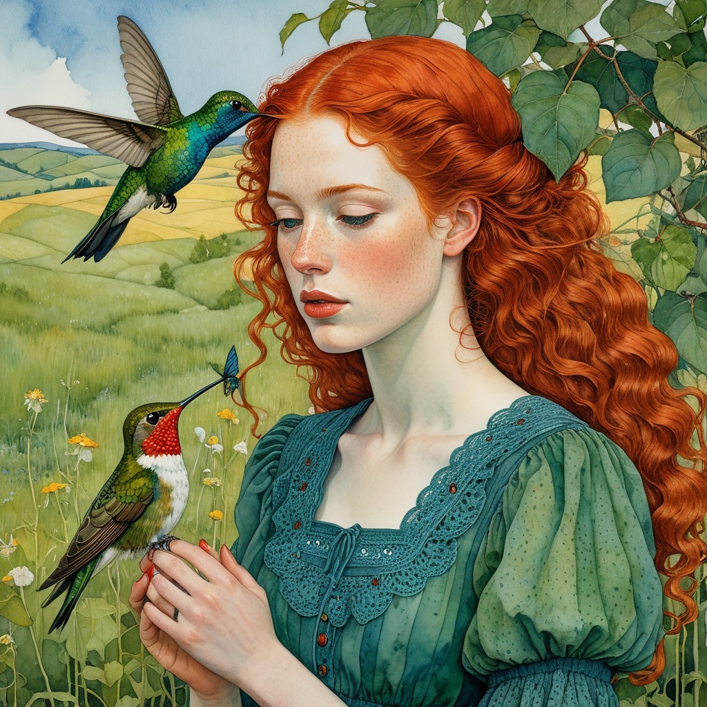 Young woman in lush landscape with hummingbirds and flowers