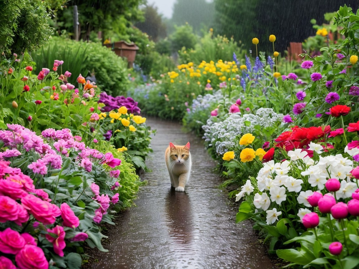 Charming Garden Path with Vibrant Flowers and Cat