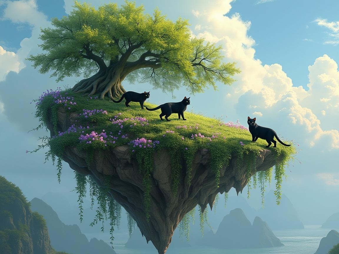 Surreal Floating Island with Cats and Vibrant Nature