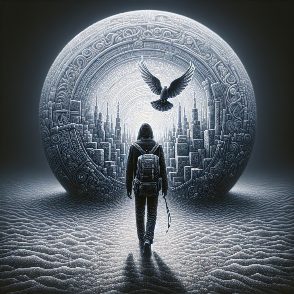 Solitary Figure in Desolate Landscape with Glowing Portal