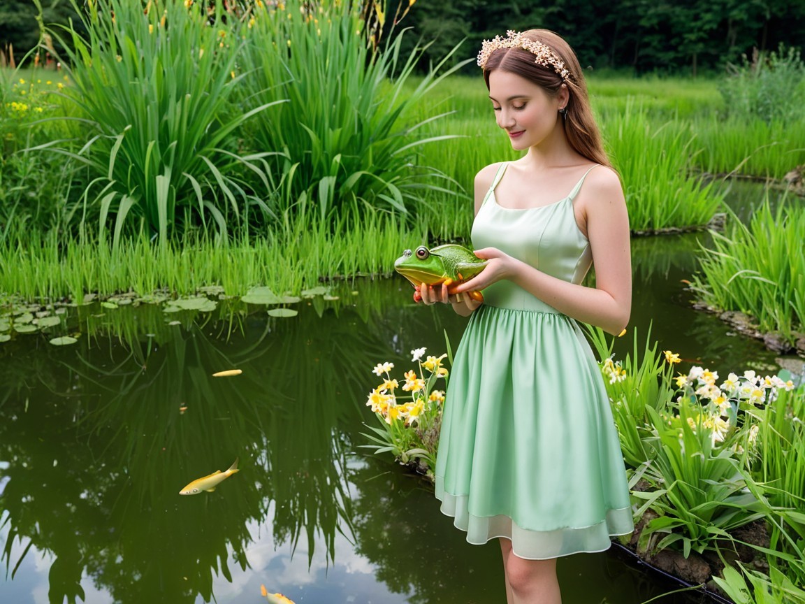 Young woman in green dress by tranquil pond with frog