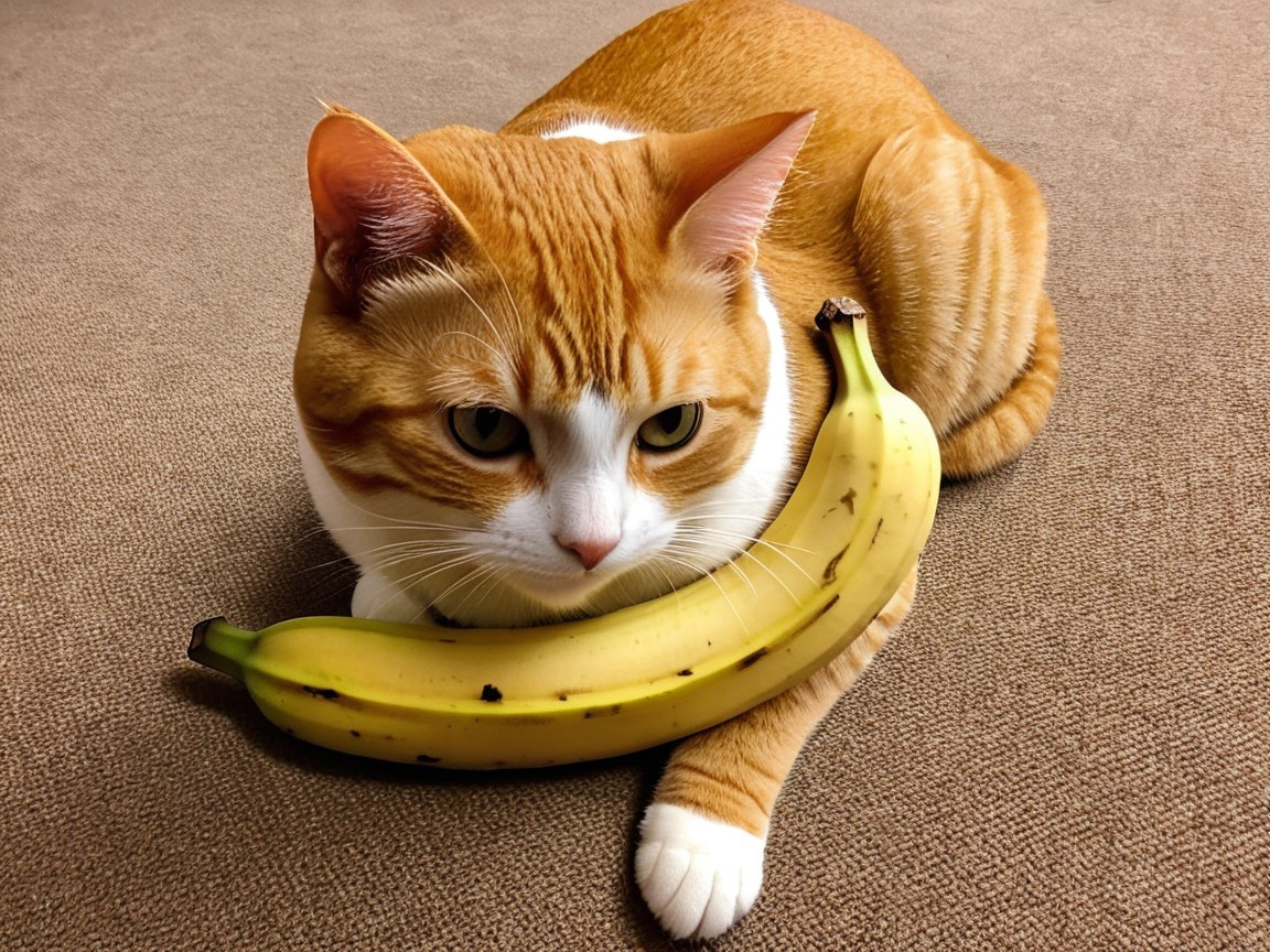 Fluffy Cat on Carpet with Ripe Bananas Nearby