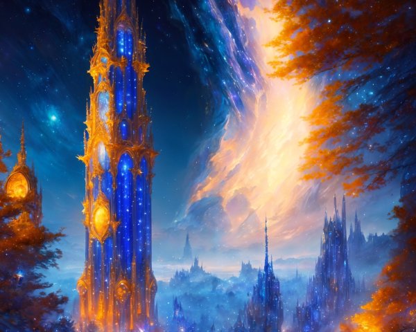 Majestic Luminescent Tower in a Fantastical Landscape