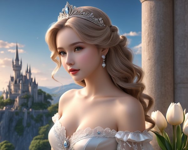 Princess in Sunlit Castle Balcony with Elegant Gown