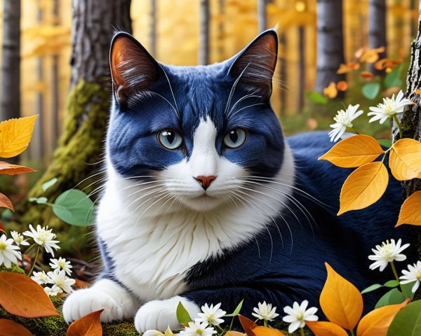 Blue and white cat in autumn foliage and flowers