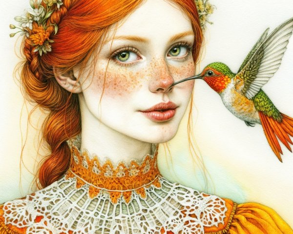 Young Woman with Red Hair and Hummingbird Interaction