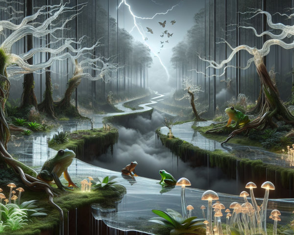 Surreal Forest Scene with Luminous Trees and River