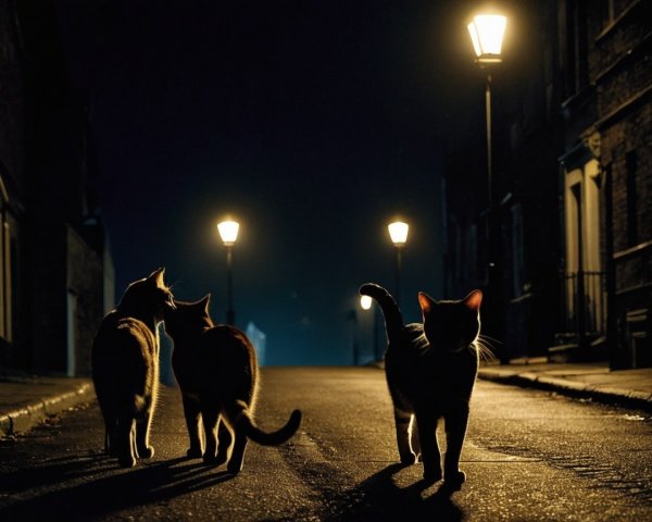 Cats Walking on a Dark Street Under Street Lamps