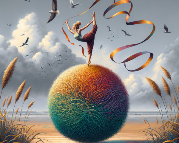 Dancer on Colorful Sphere with Ribbons and Birds