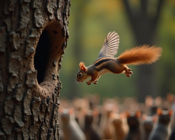 Squirrel Leaping Towards Tree Hollow in Forest Scene