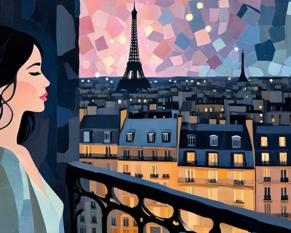 Woman on Balcony Overlooking Paris at Dusk