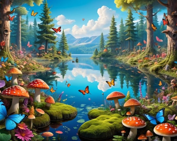 Serene forest landscape with tranquil lake and flora