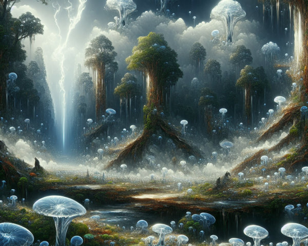 Surreal landscape with luminous trees and jellyfish