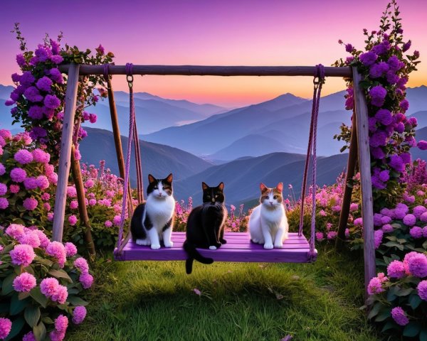 Three Cats on a Purple Swing at Sunset