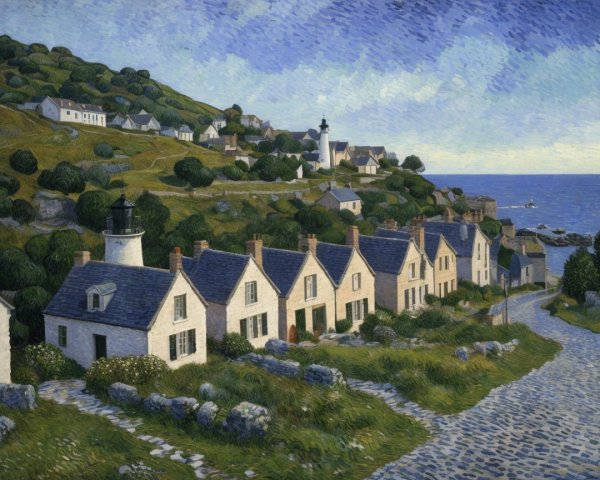Coastal Village with Cottages and Lighthouse Scene