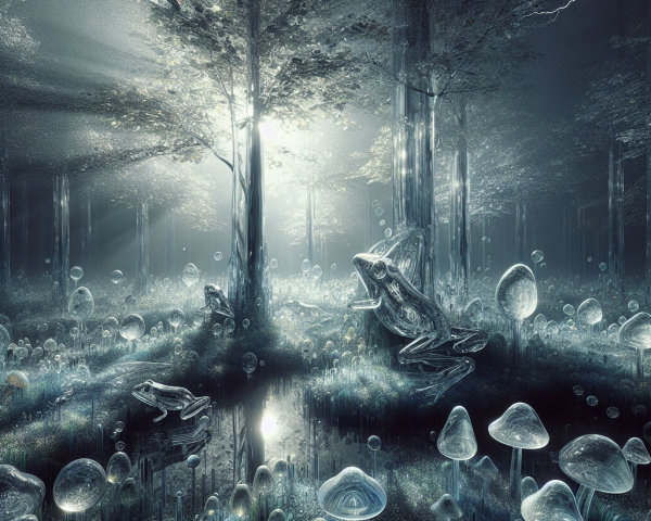 Mystical forest with luminescent mushrooms and frogs