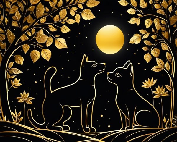 Cats Silhouettes Under a Golden Moon and Stars