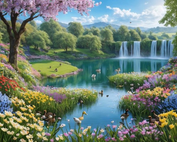 Vibrant Flower Landscape with Tranquil Lake and Ducks