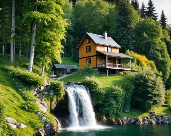 Charming Orange House by Tranquil Lake and Waterfall