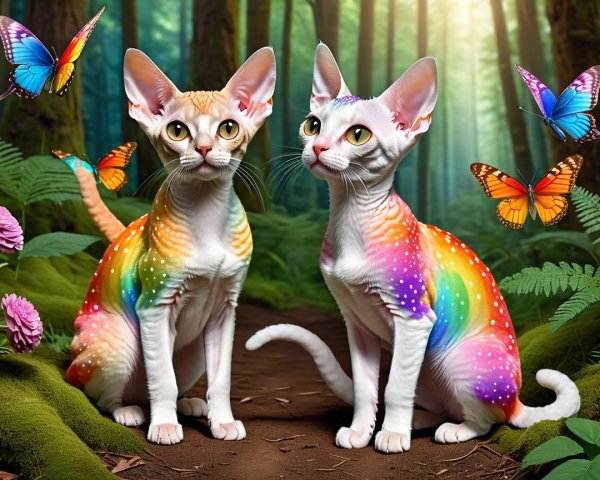 Whimsical Cats in a Colorful Forest Setting