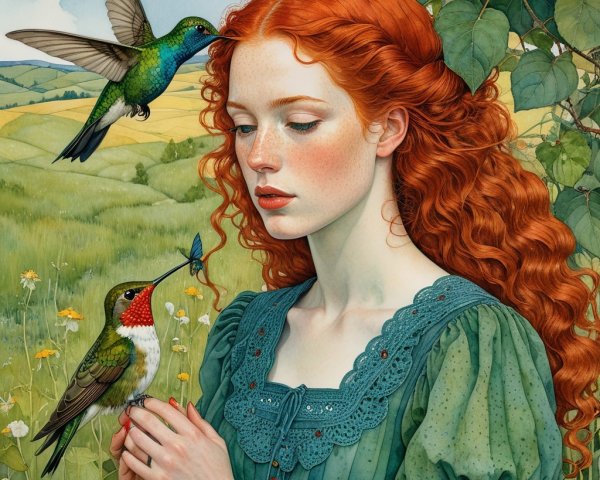 Young woman in lush landscape with hummingbirds and flowers