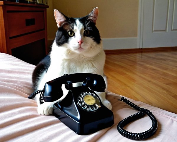 Fluffy Black and White Cat on Pink Bedspread with Vintage Phone